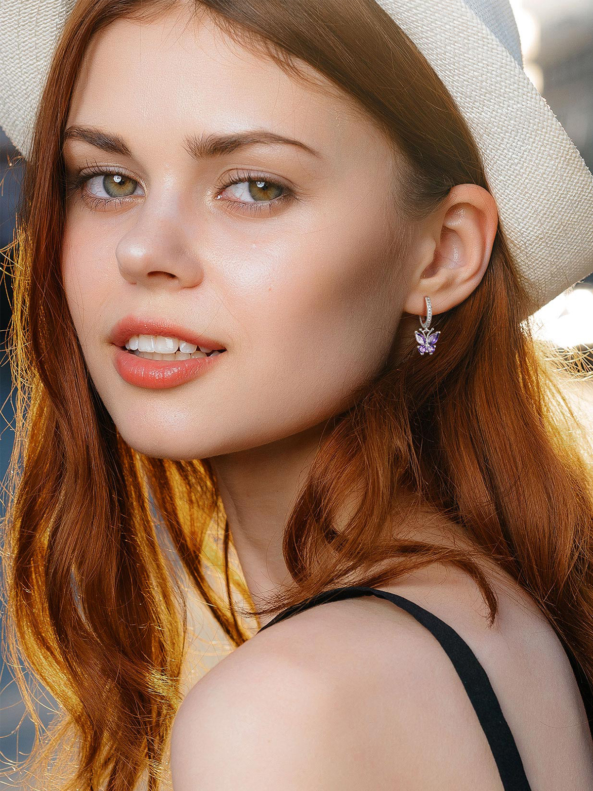 Synthetic Amethyst Huggie Hoops Butterfly Earrings