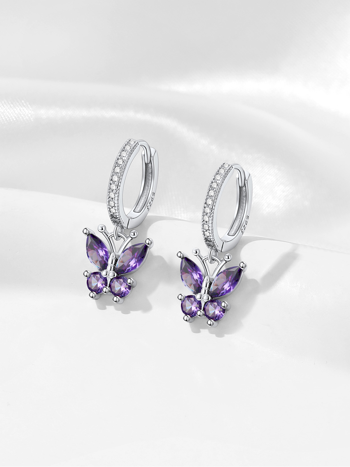 Synthetic Amethyst Huggie Hoops Butterfly Earrings