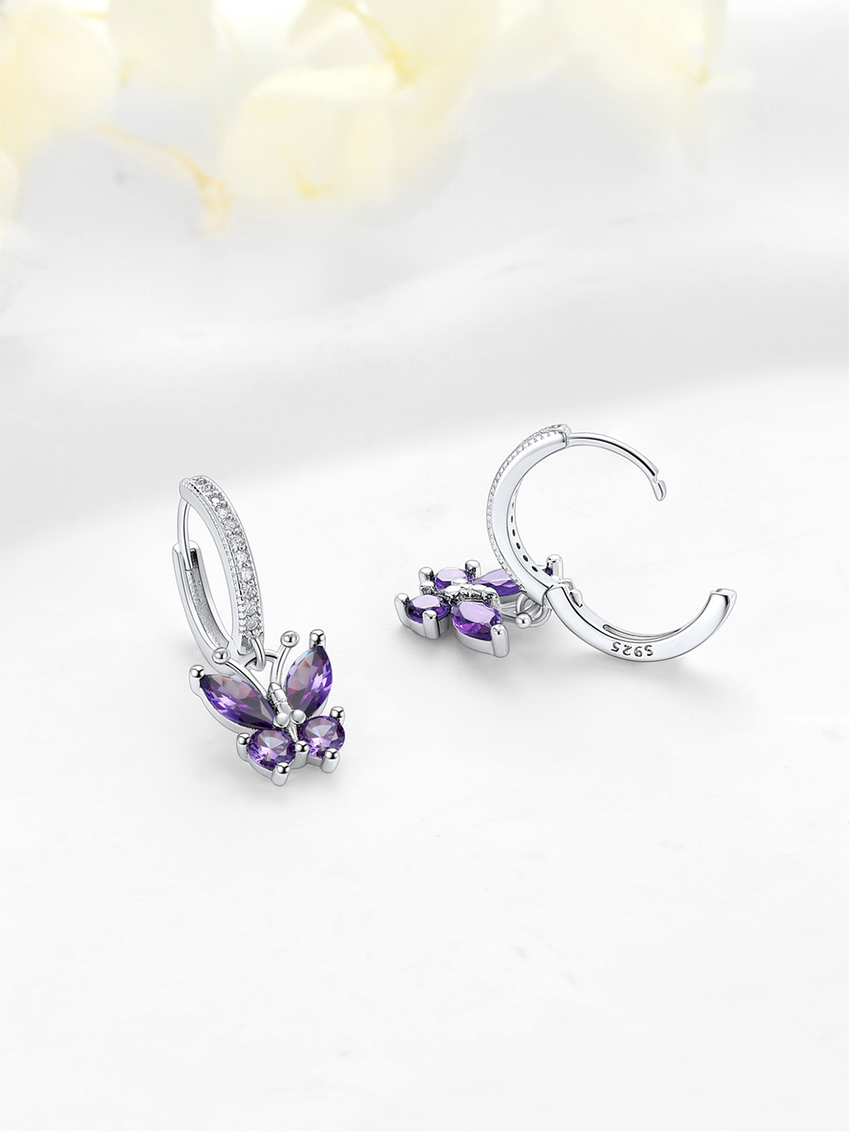 Synthetic Amethyst Huggie Hoops Butterfly Earrings