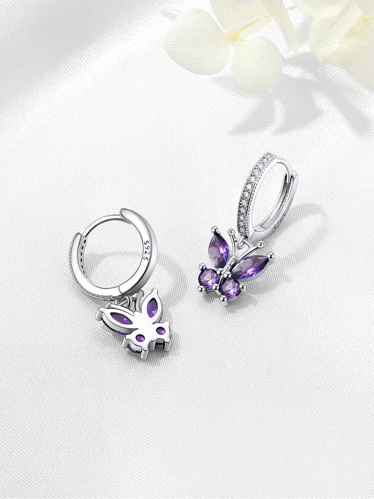 Synthetic Amethyst Huggie Hoops Butterfly Earrings