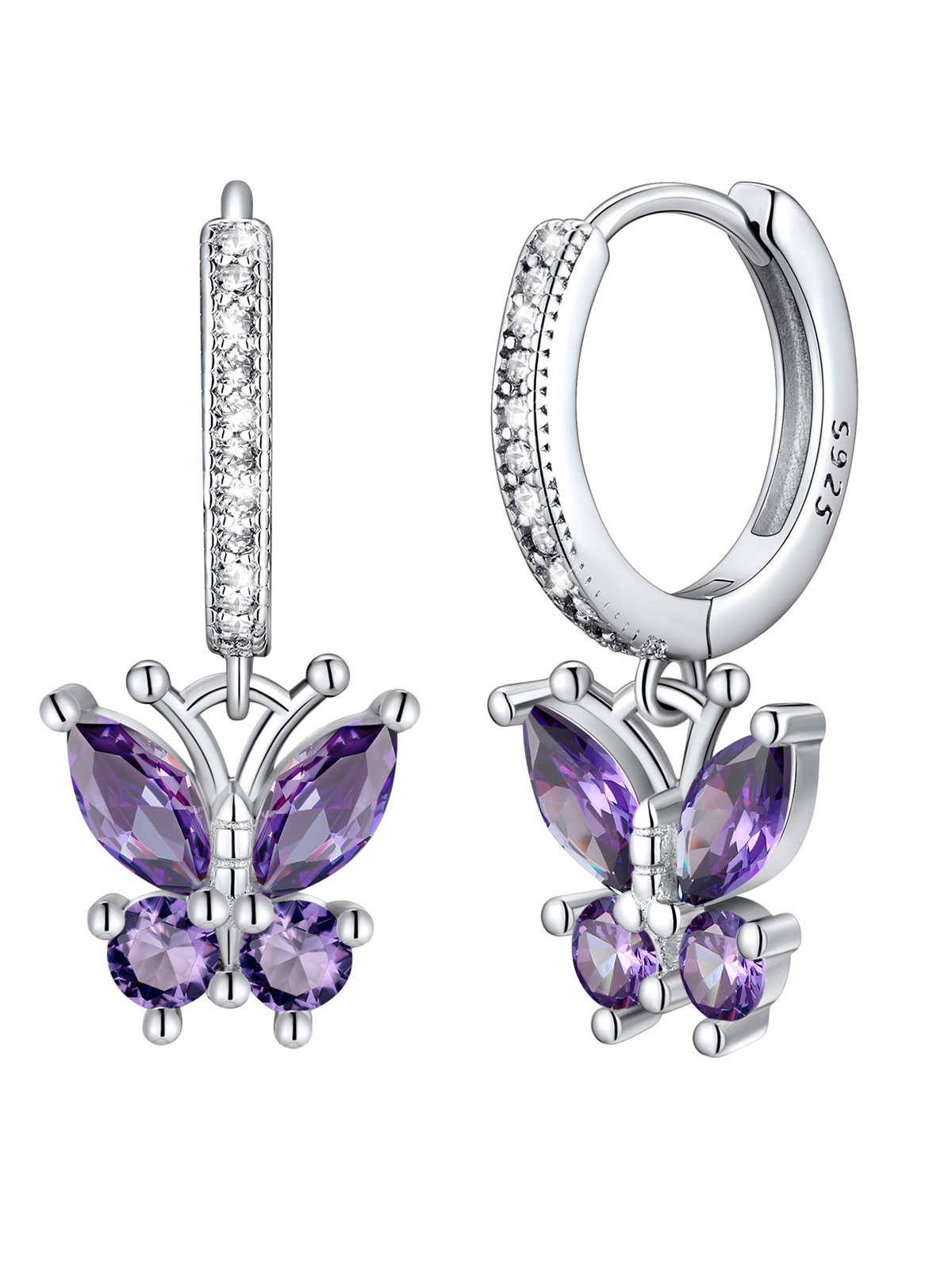 Synthetic Amethyst Huggie Hoops Butterfly Earrings