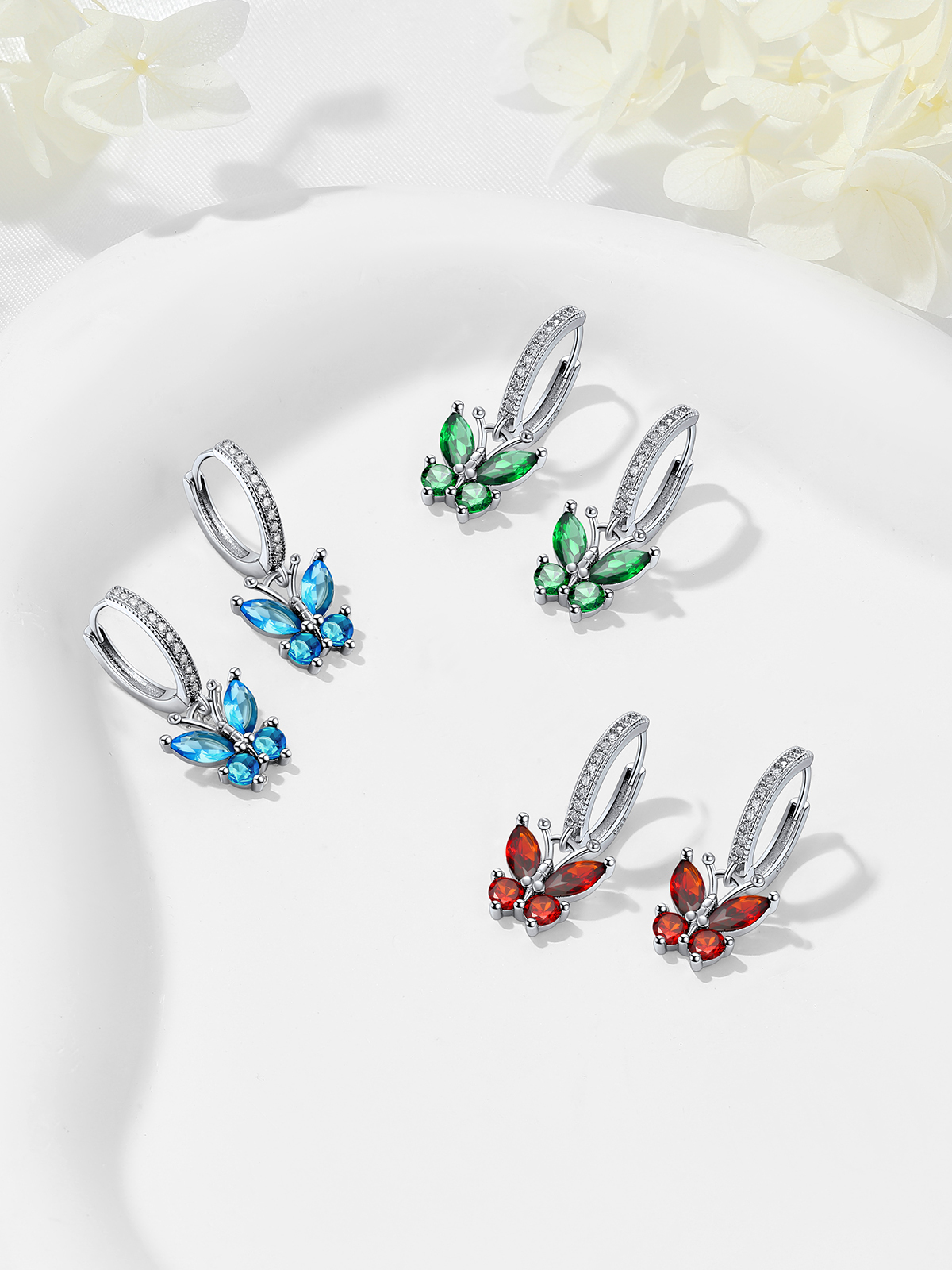 Synthetic Ruby Huggie Hoops Butterfly Earrings