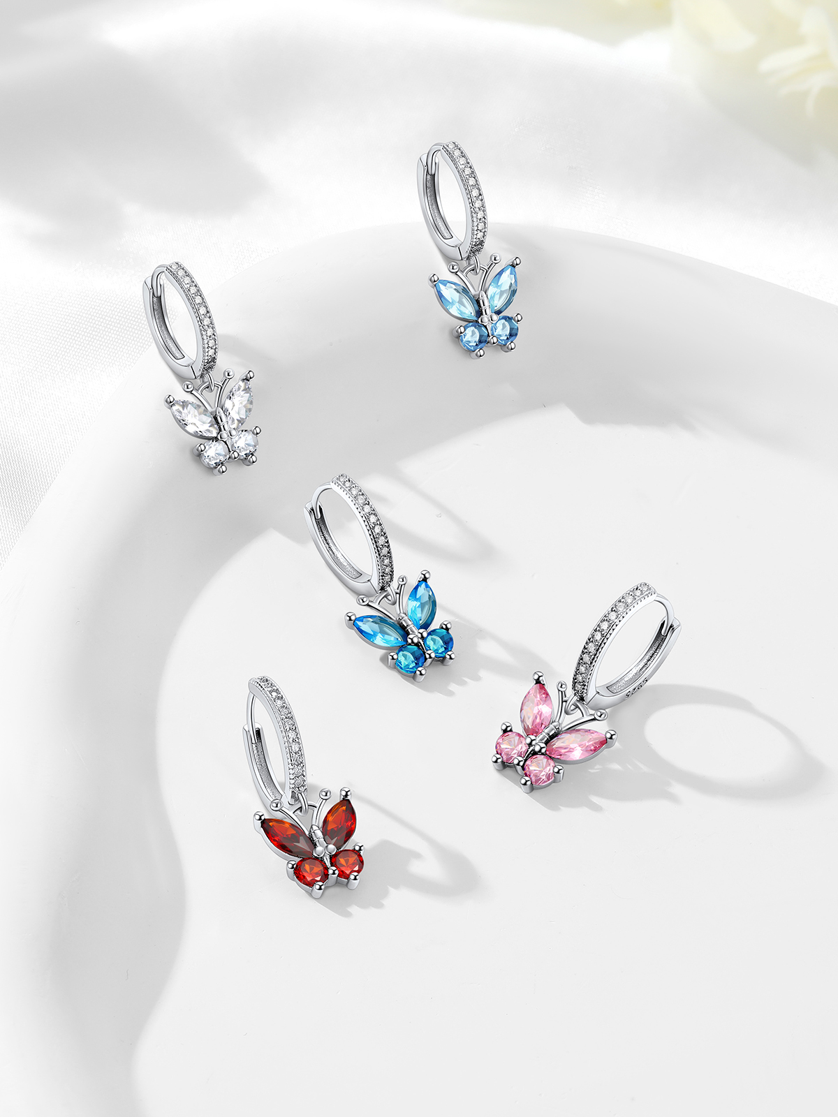 Synthetic Ruby Huggie Hoops Butterfly Earrings