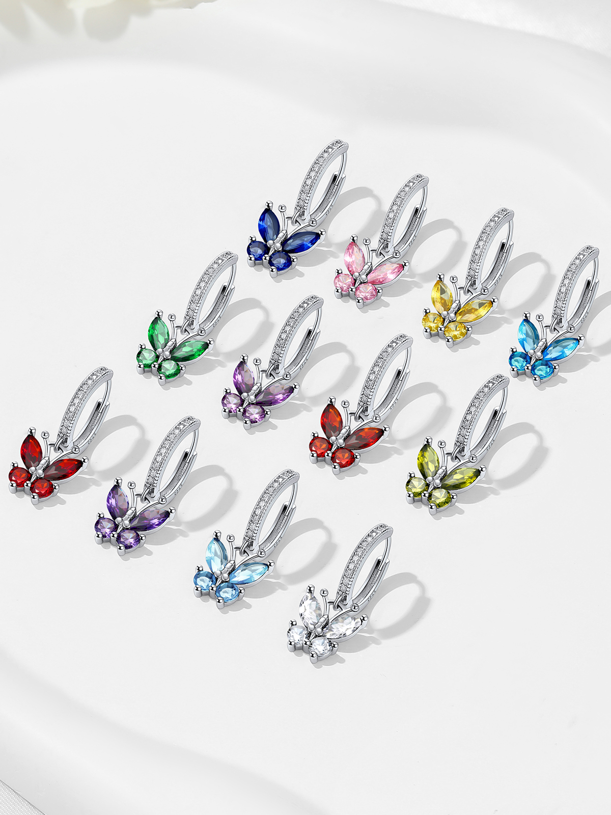 Synthetic Ruby Huggie Hoops Butterfly Earrings