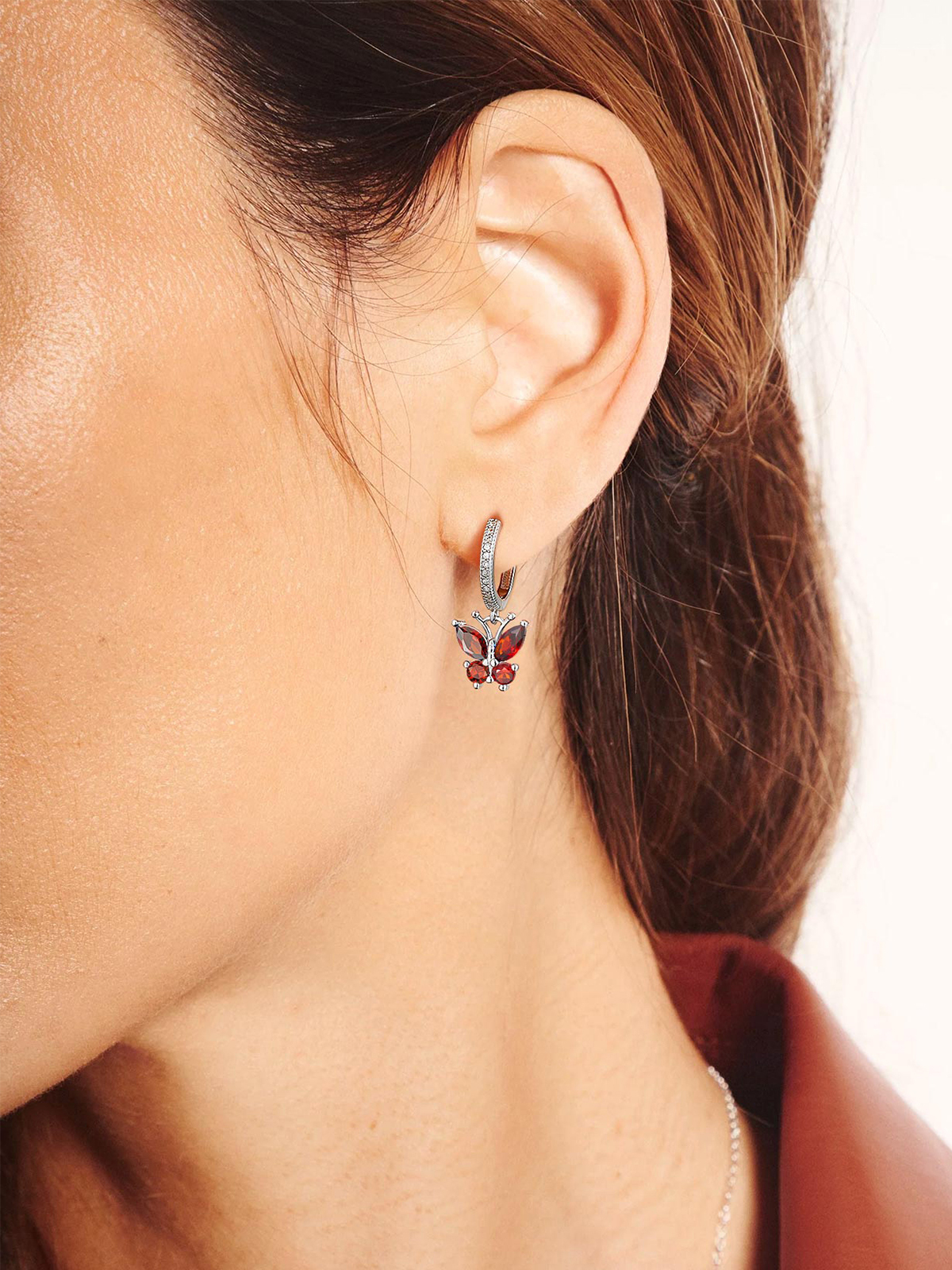 Synthetic Ruby Huggie Hoops Butterfly Earrings