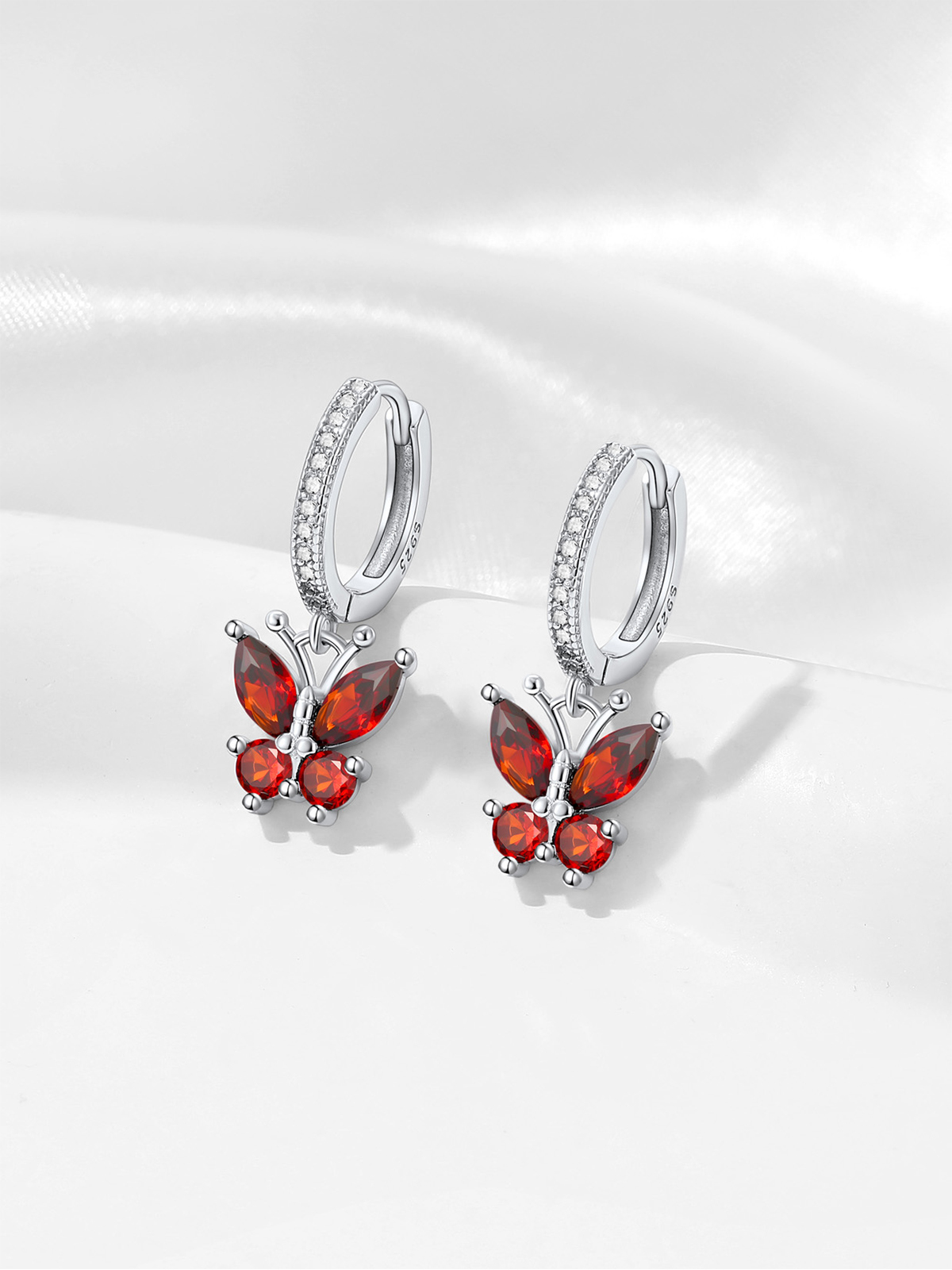 Synthetic Ruby Huggie Hoops Butterfly Earrings