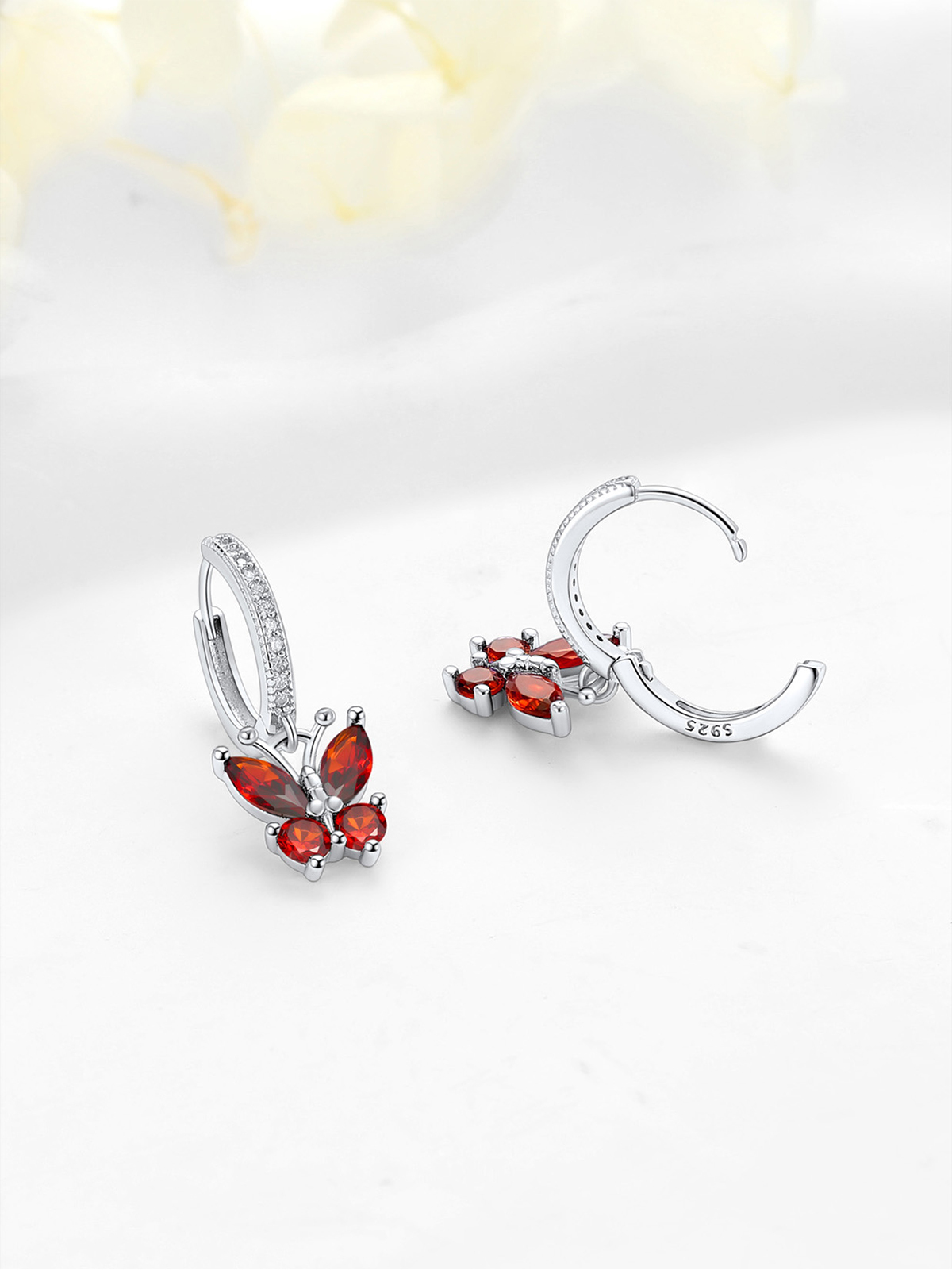 Synthetic Ruby Huggie Hoops Butterfly Earrings