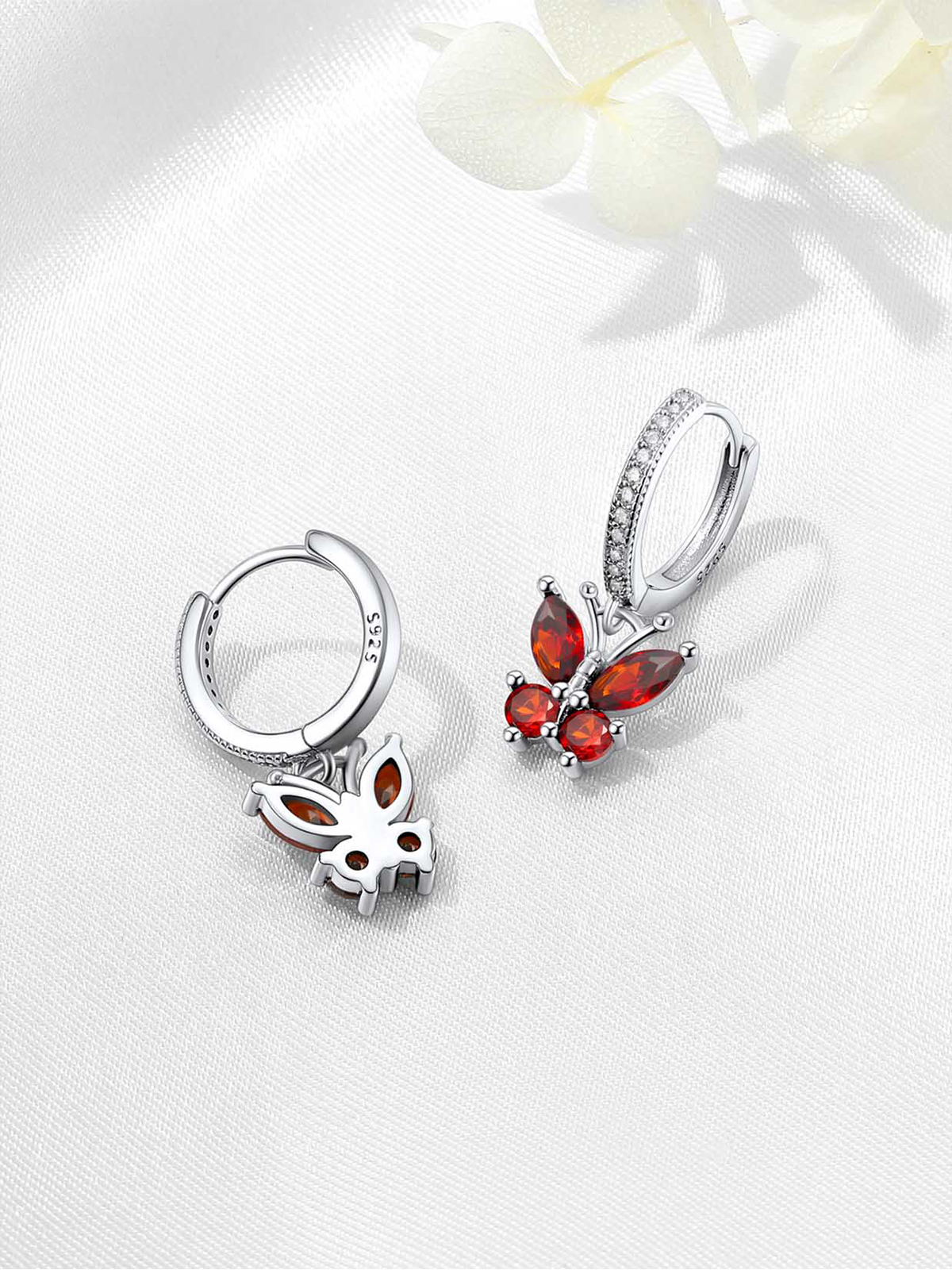 Synthetic Ruby Huggie Hoops Butterfly Earrings