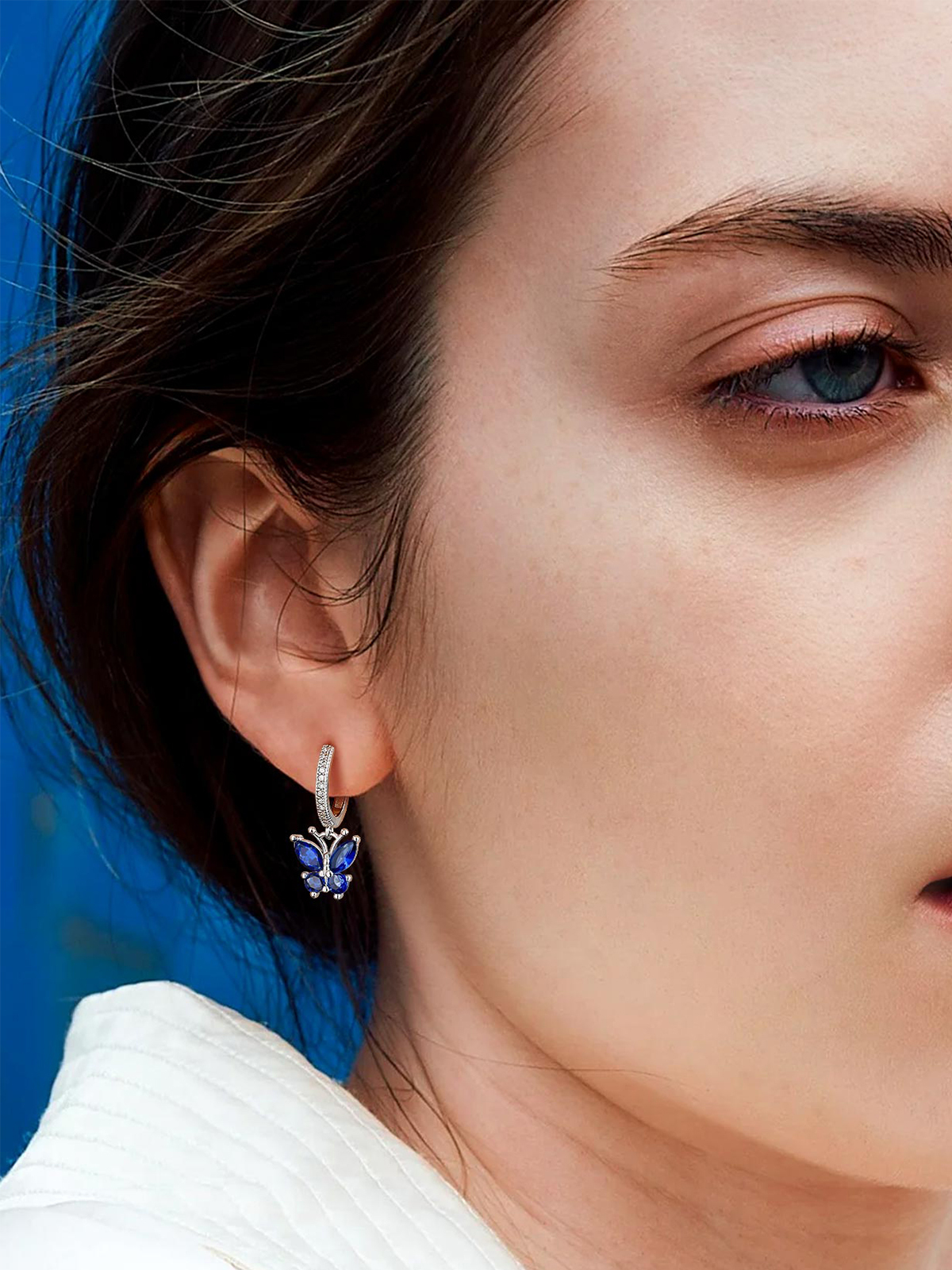 Synthetic Sapphire Huggie Hoops Butterfly Earrings