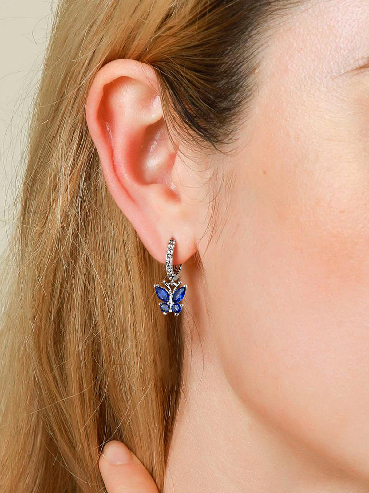 Synthetic Sapphire Huggie Hoops Butterfly Earrings