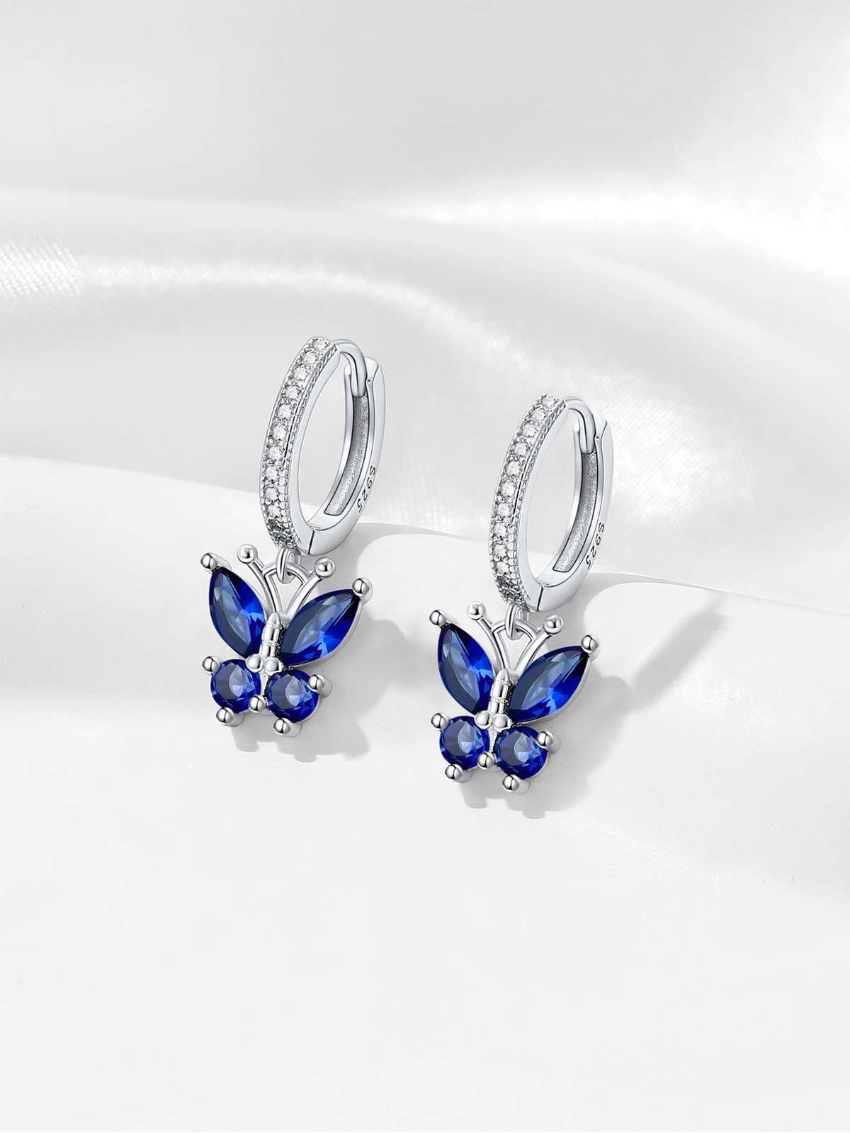 Synthetic Sapphire Huggie Hoops Butterfly Earrings