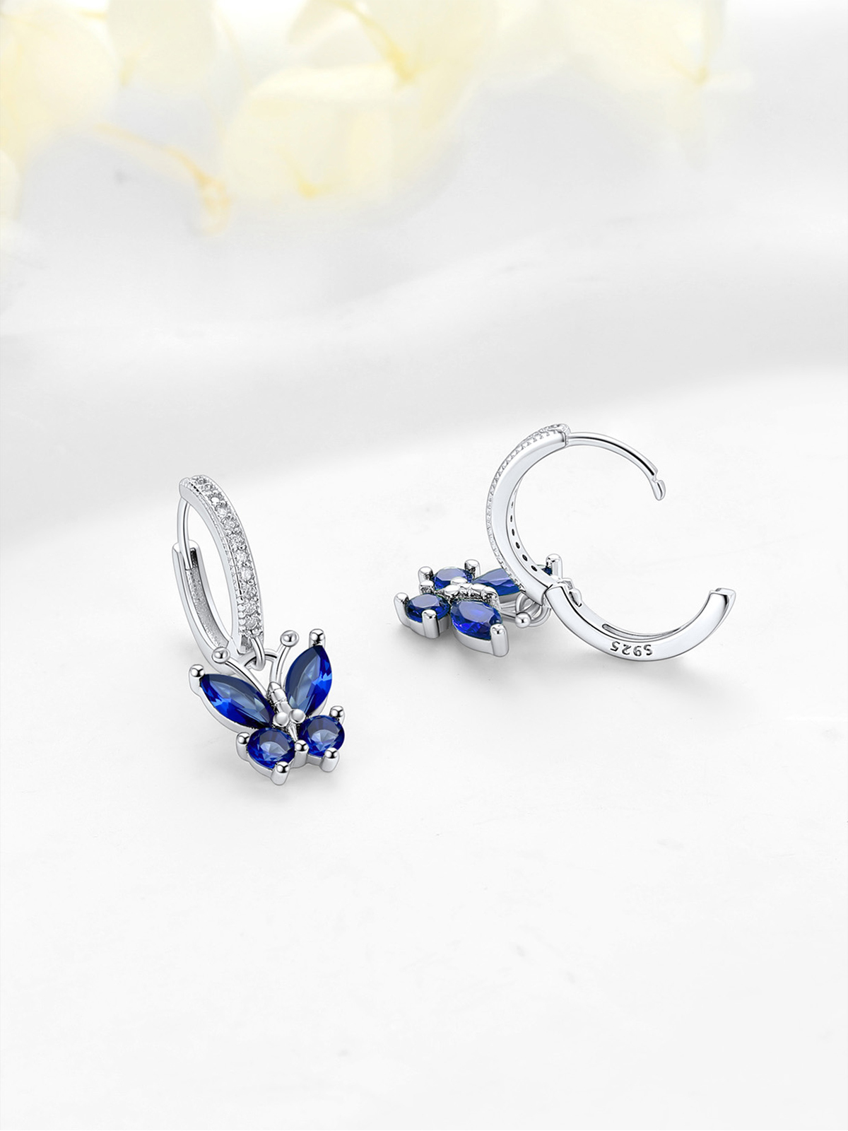 Synthetic Sapphire Huggie Hoops Butterfly Earrings