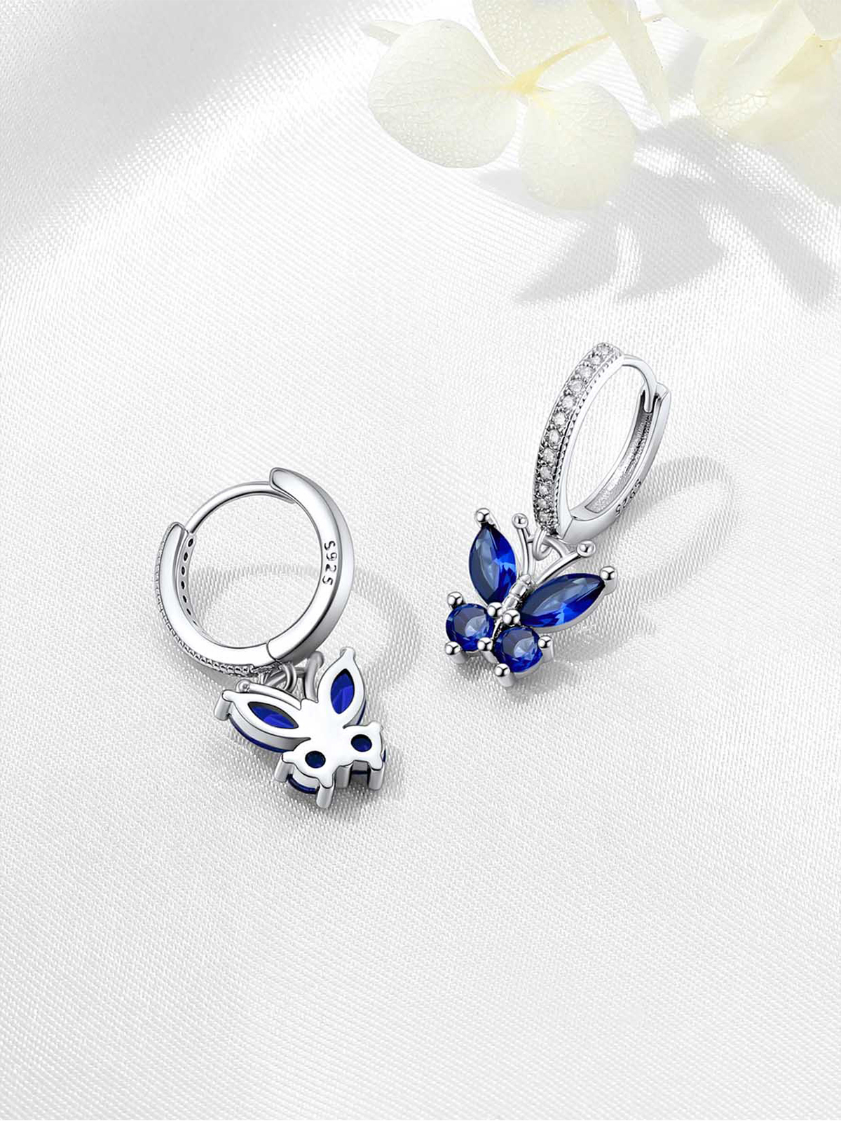 Synthetic Sapphire Huggie Hoops Butterfly Earrings