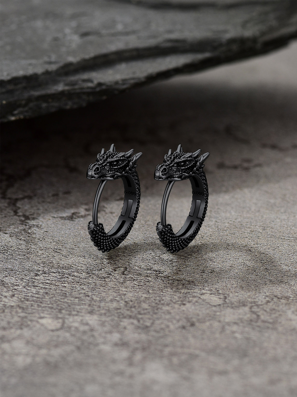 Dragon Huggie Hoops Punk Rock Earrings in Black Plated