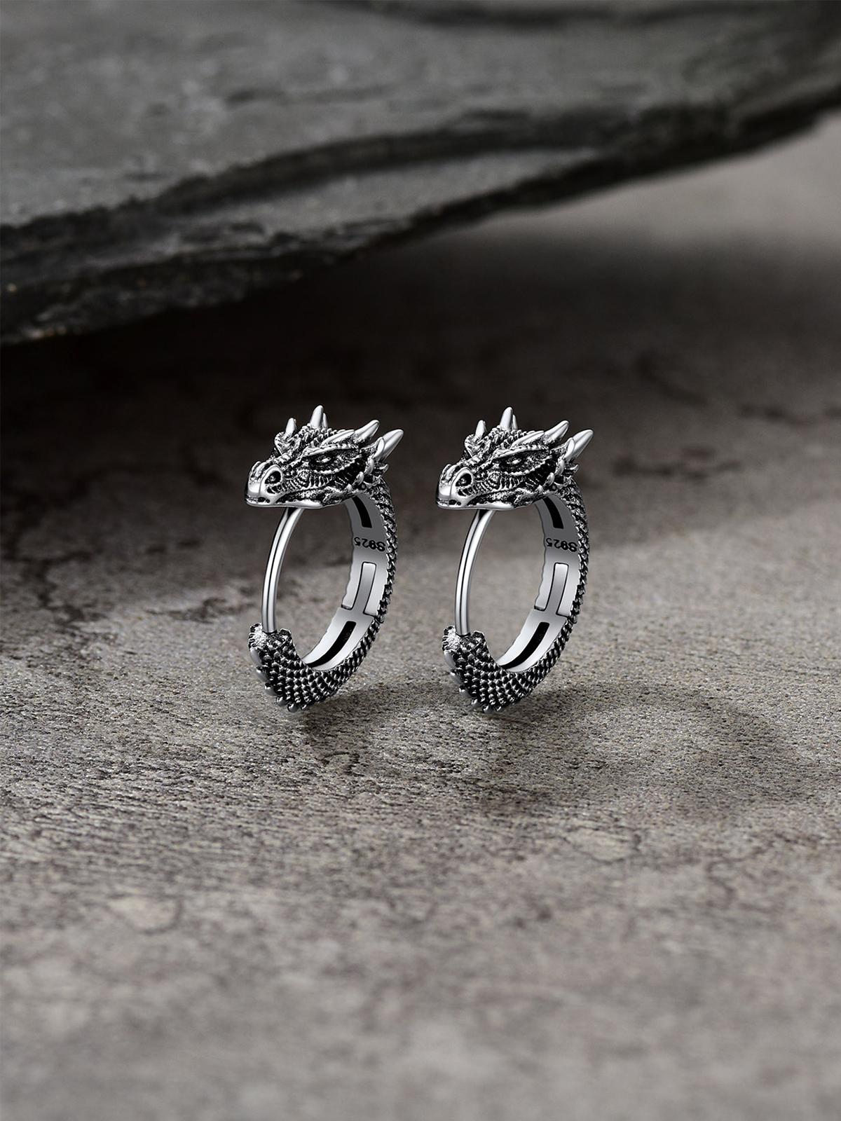 Dragon Huggie Hoops Punk Rock Earrings in Silver