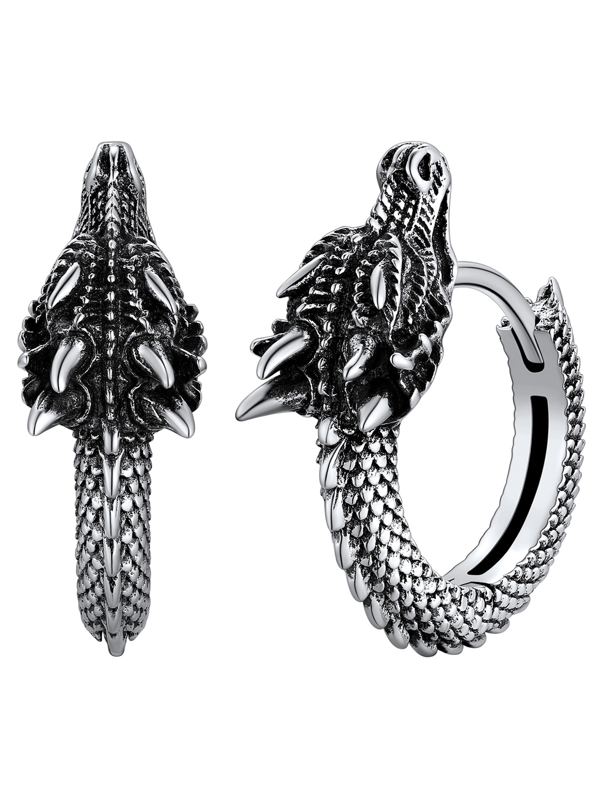 Dragon Huggie Hoops Punk Rock Earrings in Silver