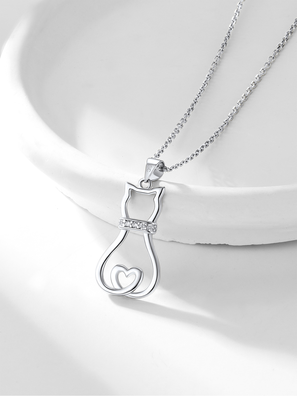Cute Cat Pendant Necklace with CZ in Silver