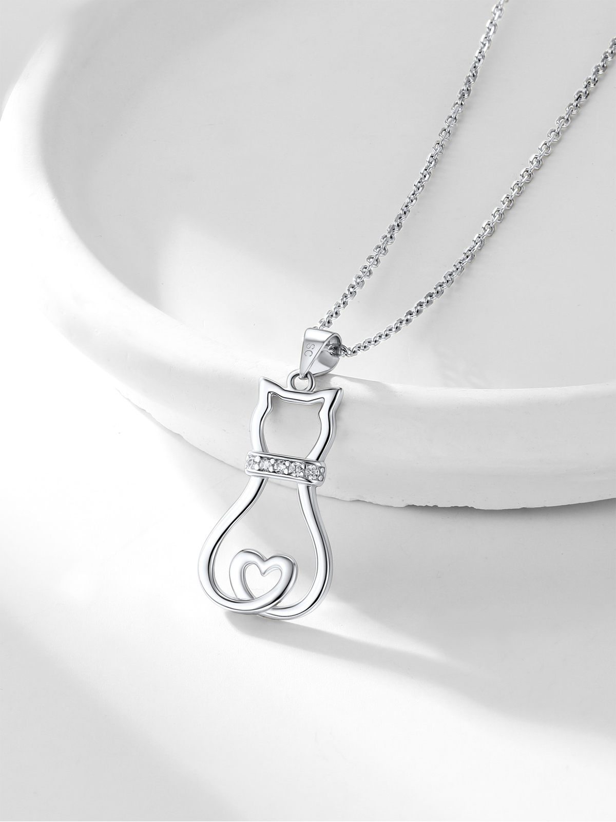 Cute Cat Pendant Necklace with CZ in Silver
