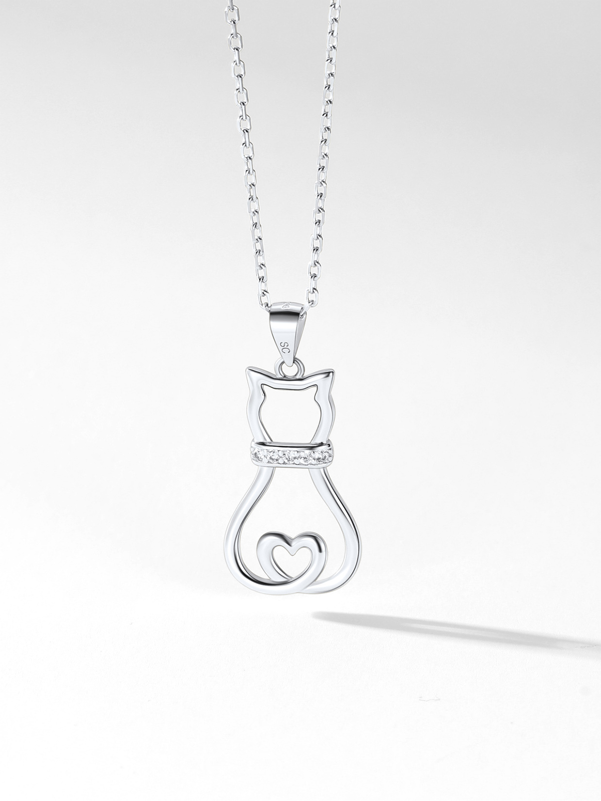 Cute Cat Pendant Necklace with CZ in Silver