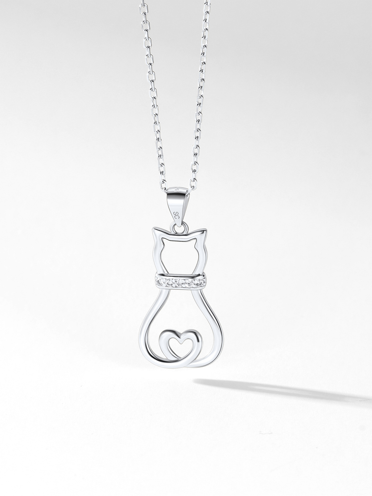 Cute Cat Pendant Necklace with CZ in Silver