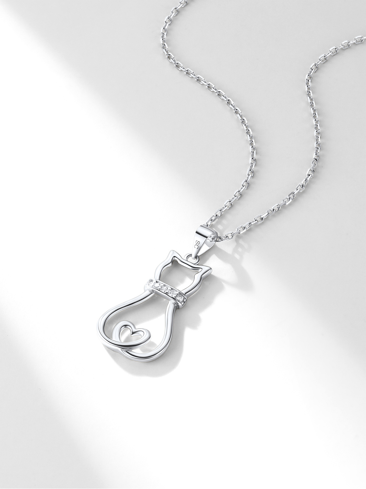 Cute Cat Pendant Necklace with CZ in Silver