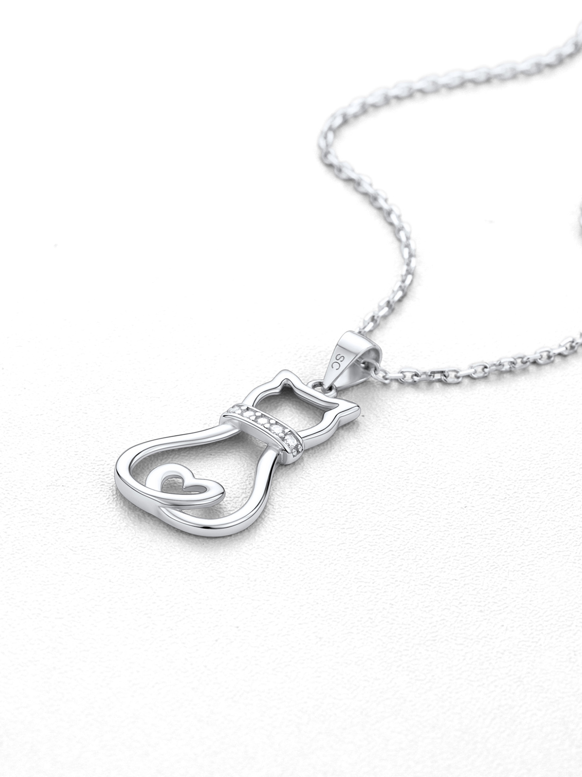 Cute Cat Pendant Necklace with CZ in Silver