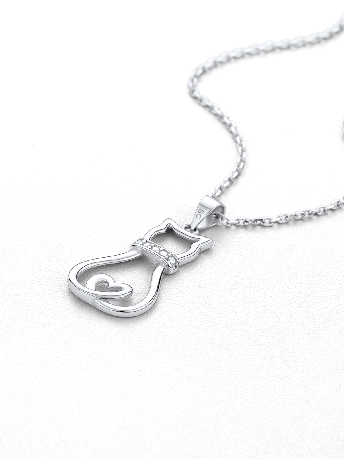 Cute Cat Pendant Necklace with CZ in Silver