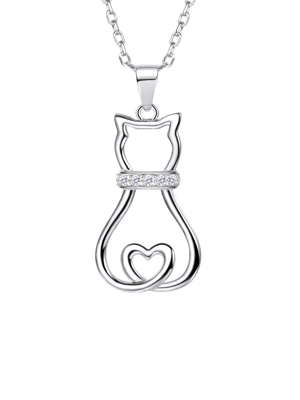 Cute Cat Pendant Necklace with CZ in Silver