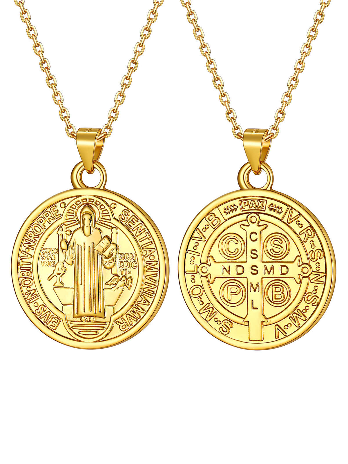Round Coin Medal Necklace Saint Benedict Pendant in 18K Gold
