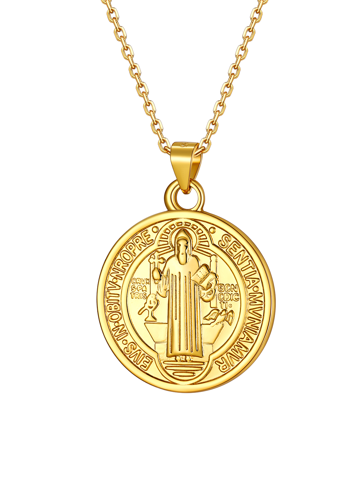 Round Coin Medal Necklace Saint Benedict Pendant in 18K Gold