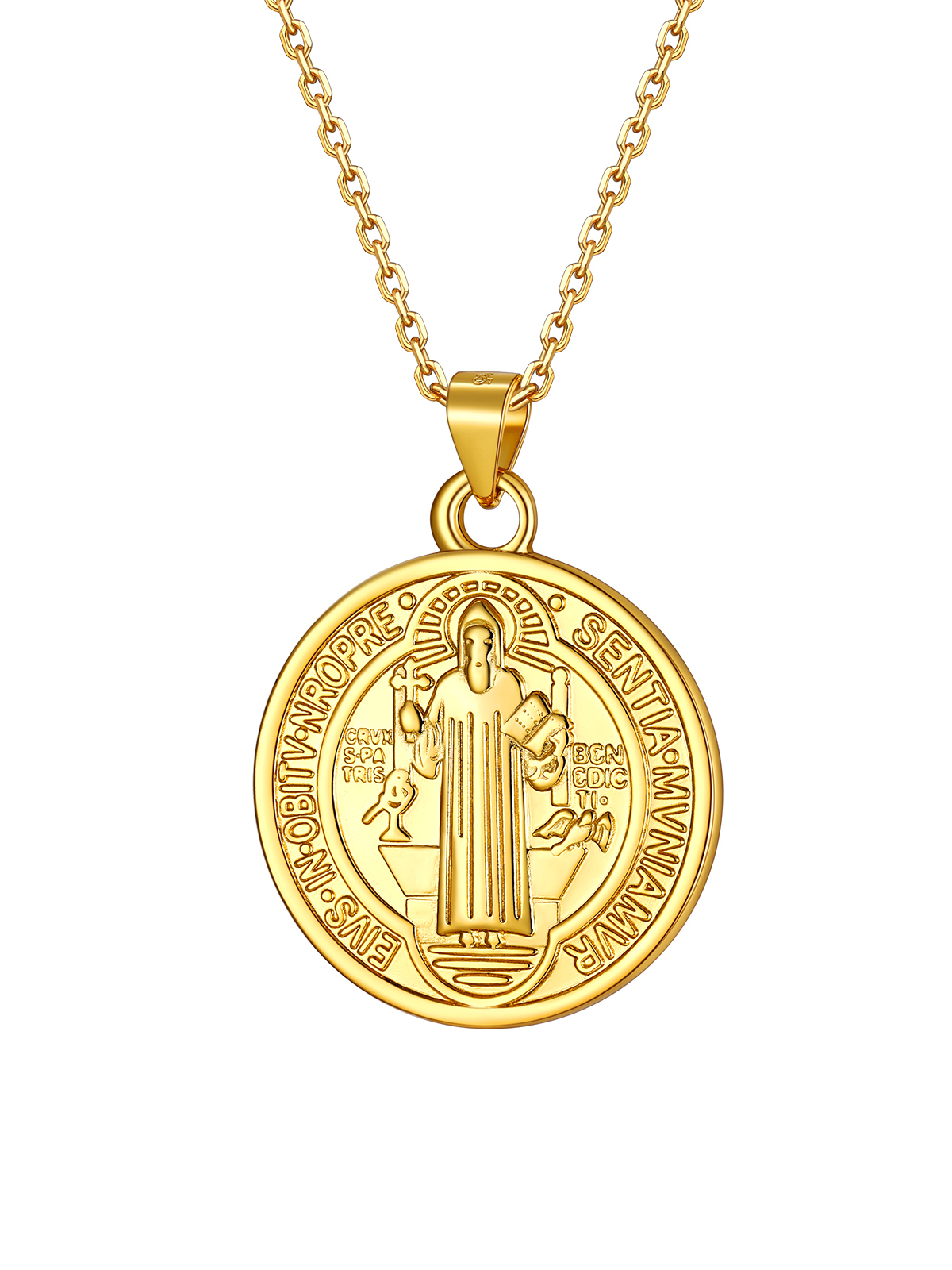 Round Coin Medal Necklace Saint Benedict Pendant in 18K Gold