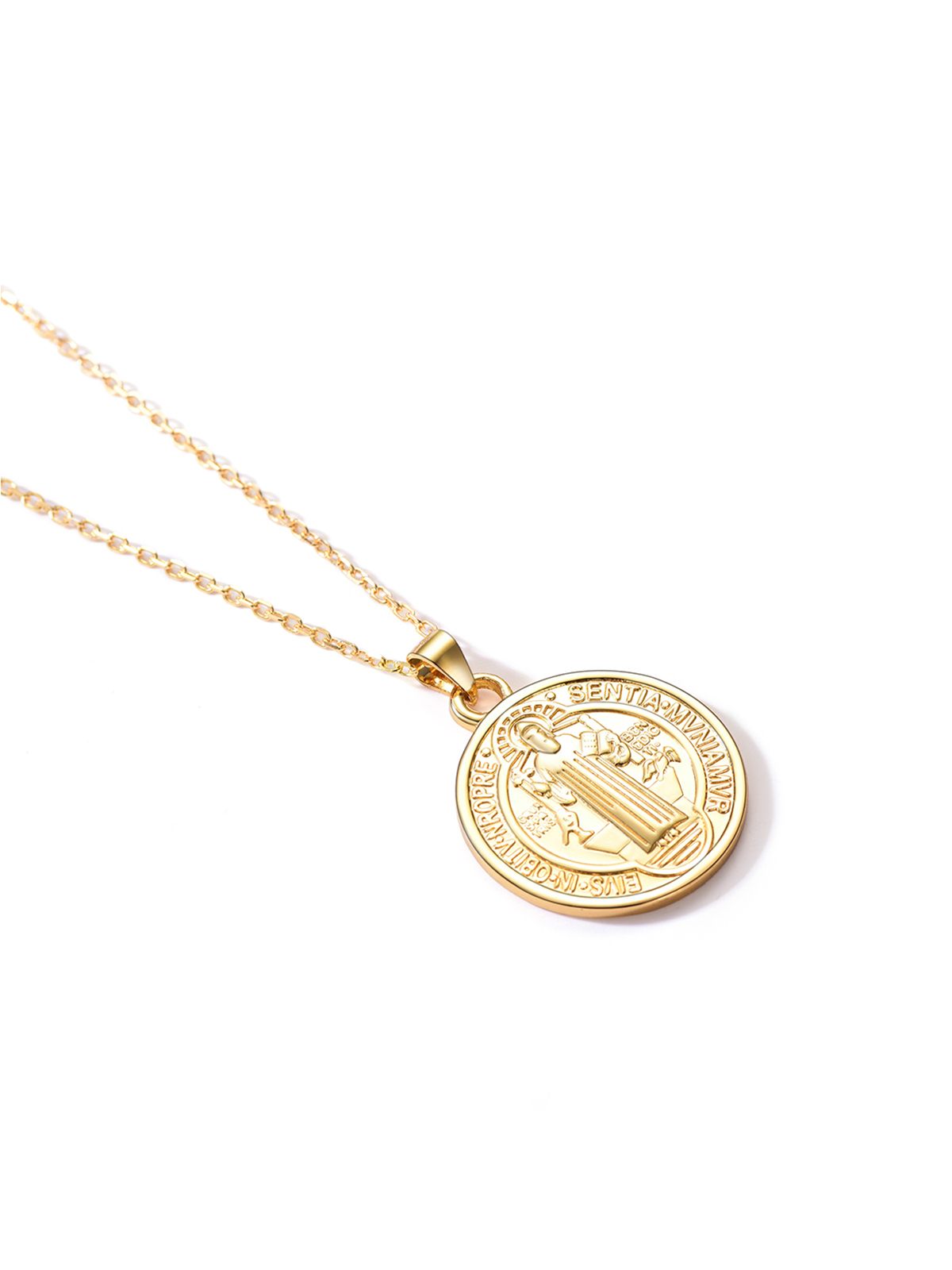 Round Coin Medal Necklace Saint Benedict Pendant in 18K Gold