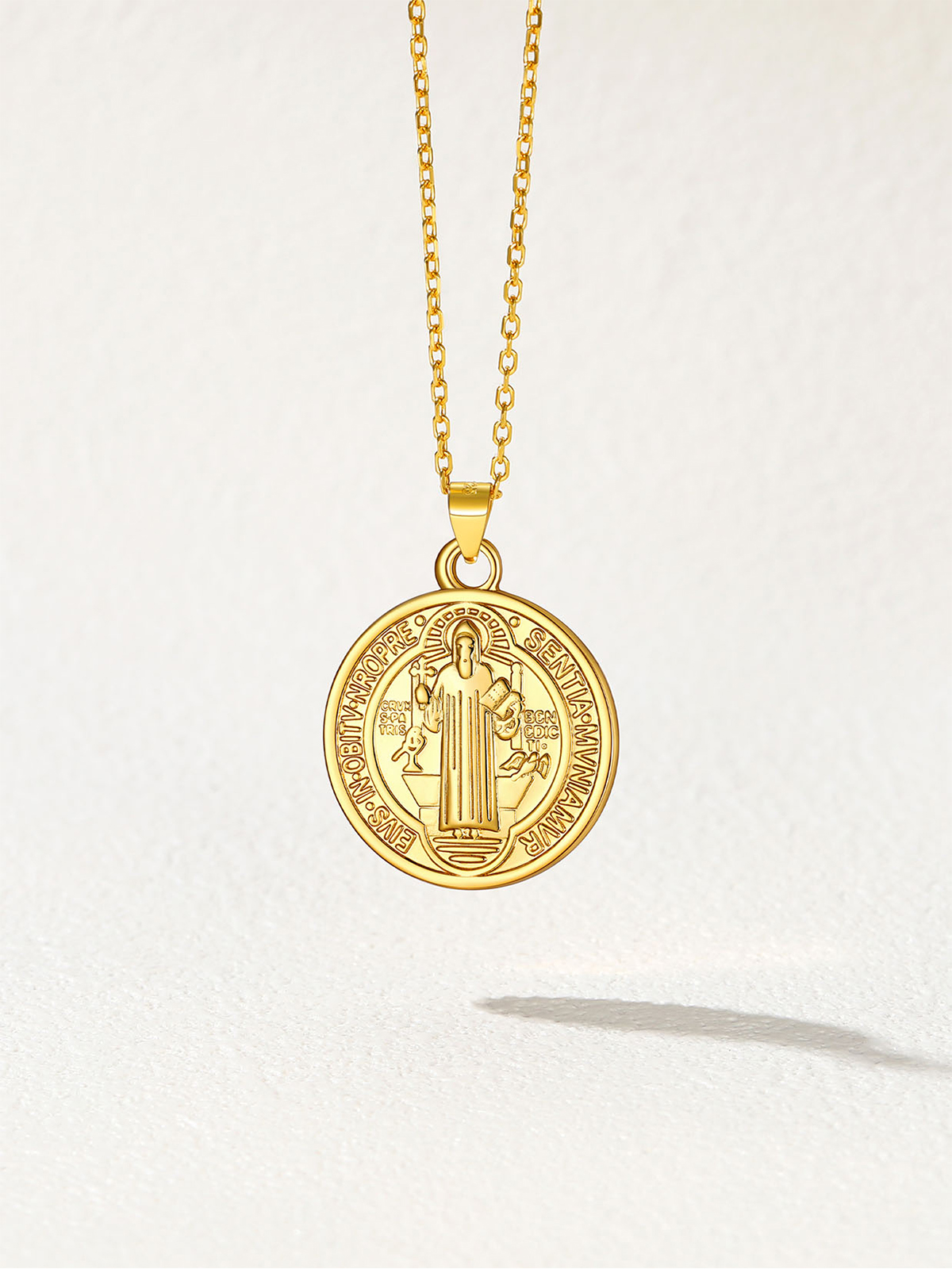 Round Coin Medal Necklace Saint Benedict Pendant in 18K Gold