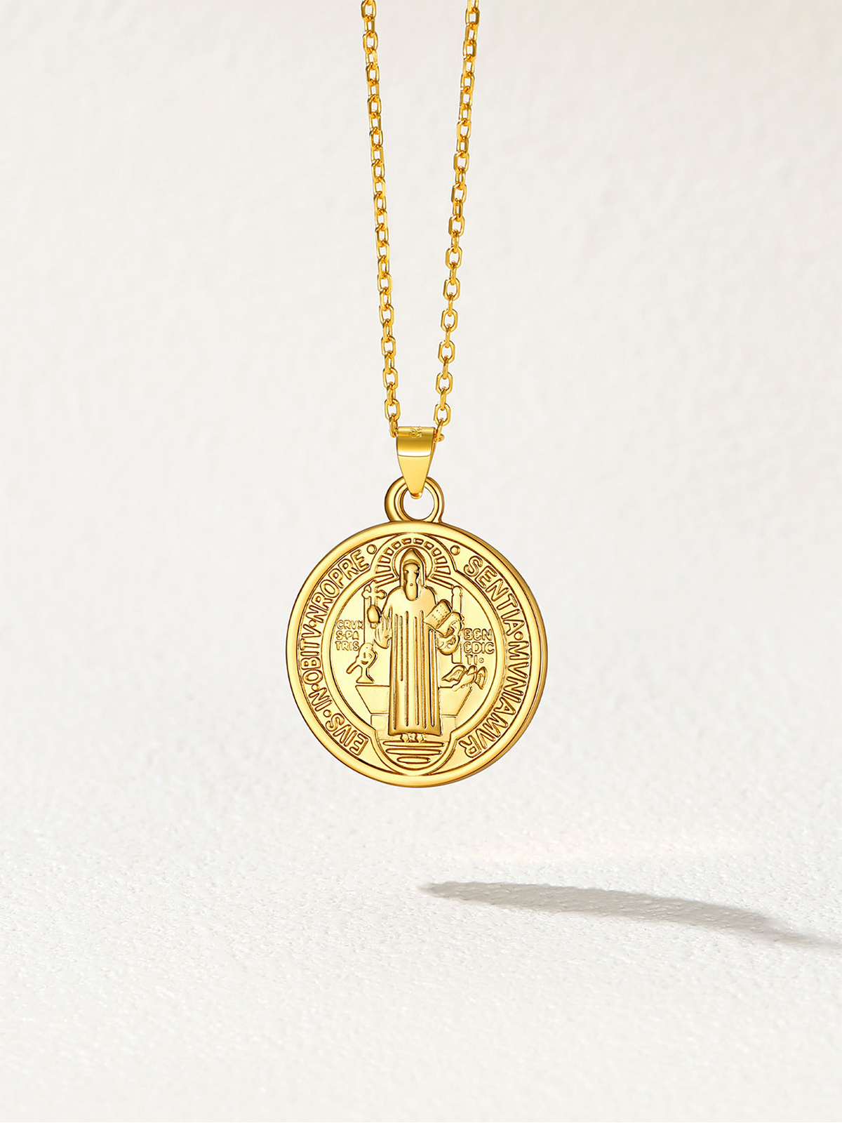 Round Coin Medal Necklace Saint Benedict Pendant in 18K Gold