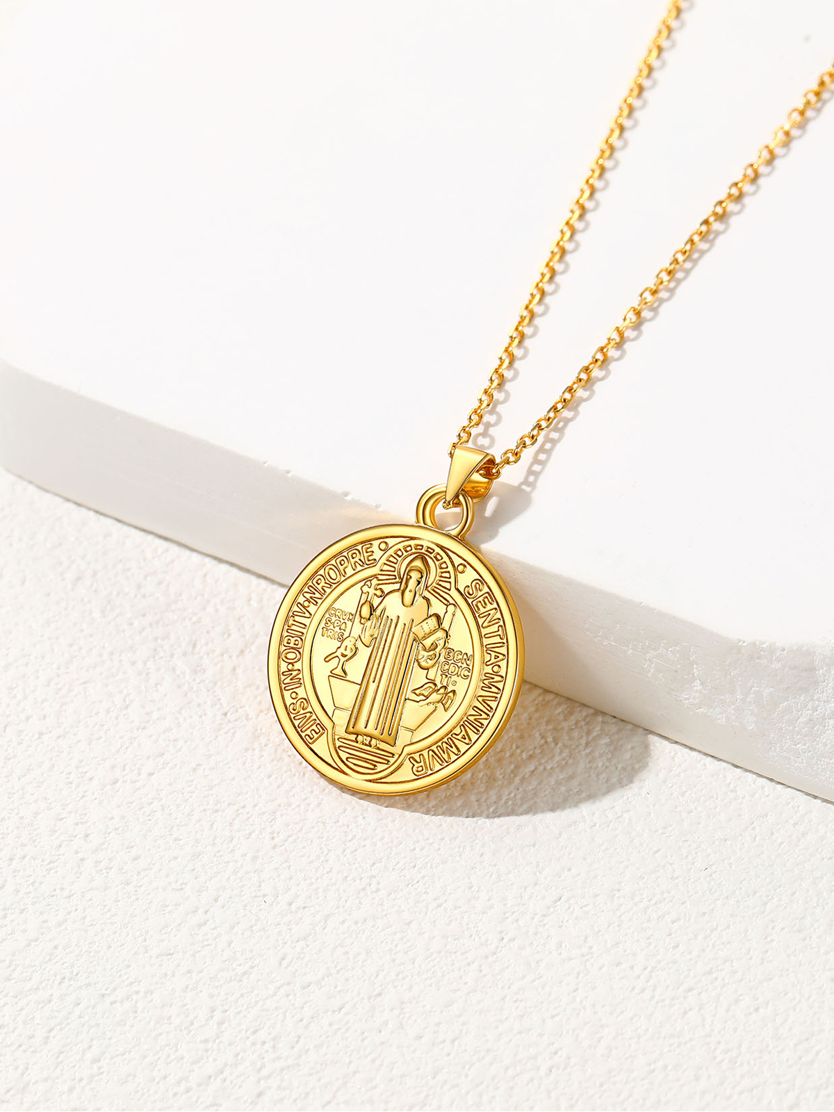 Round Coin Medal Necklace Saint Benedict Pendant in 18K Gold