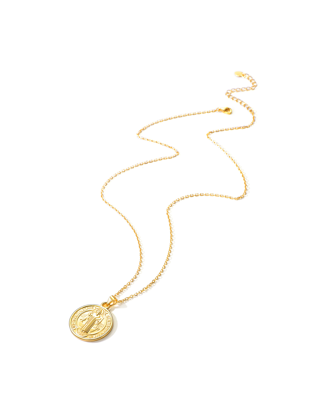 Round Coin Medal Necklace Saint Benedict Pendant in 18K Gold