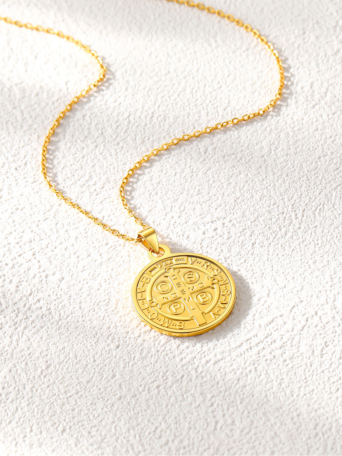 Round Coin Medal Necklace Saint Benedict Pendant in 18K Gold