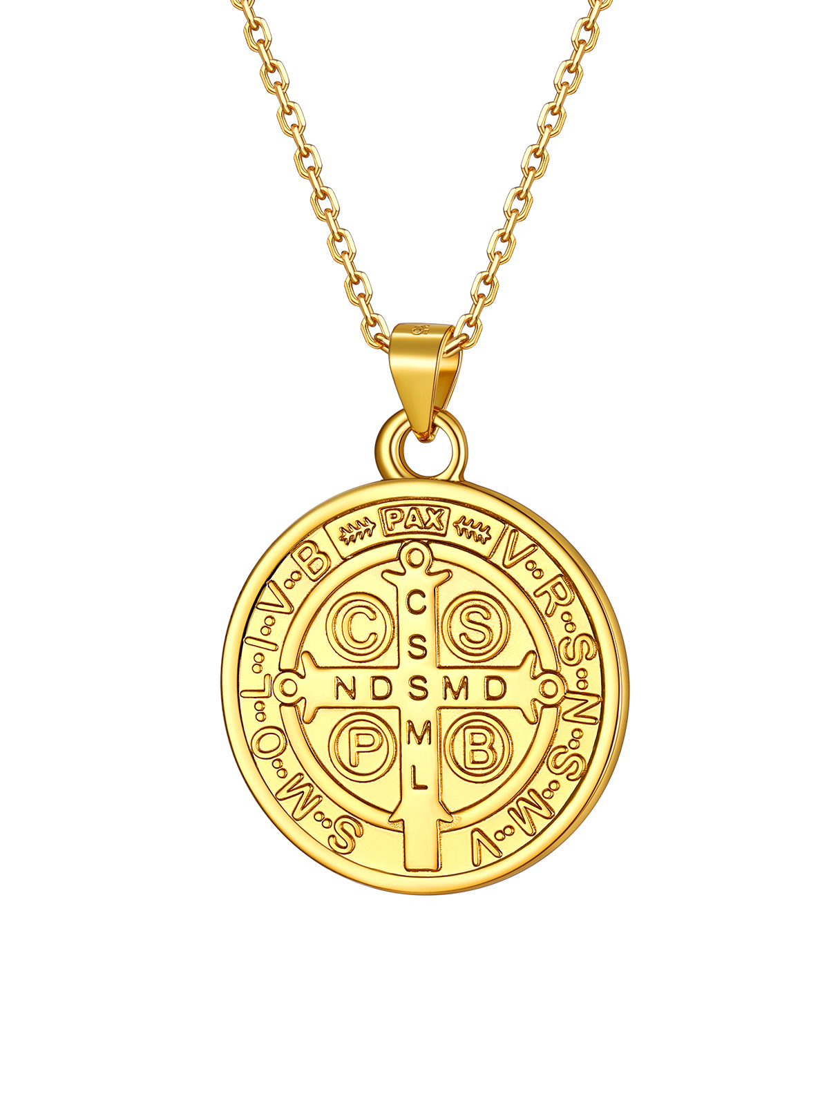 Round Coin Medal Necklace Saint Benedict Pendant in 18K Gold