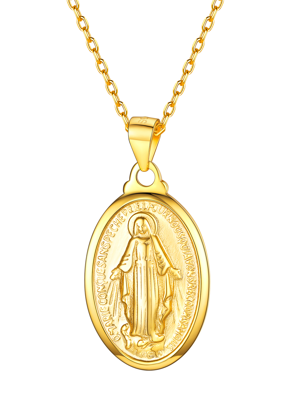 Oval Miraculous Medal Necklace Virgin Mary Pendant in 18K Gold