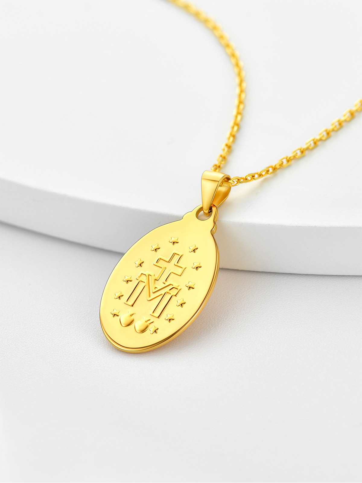 Oval Miraculous Medal Necklace Virgin Mary Pendant in 18K Gold