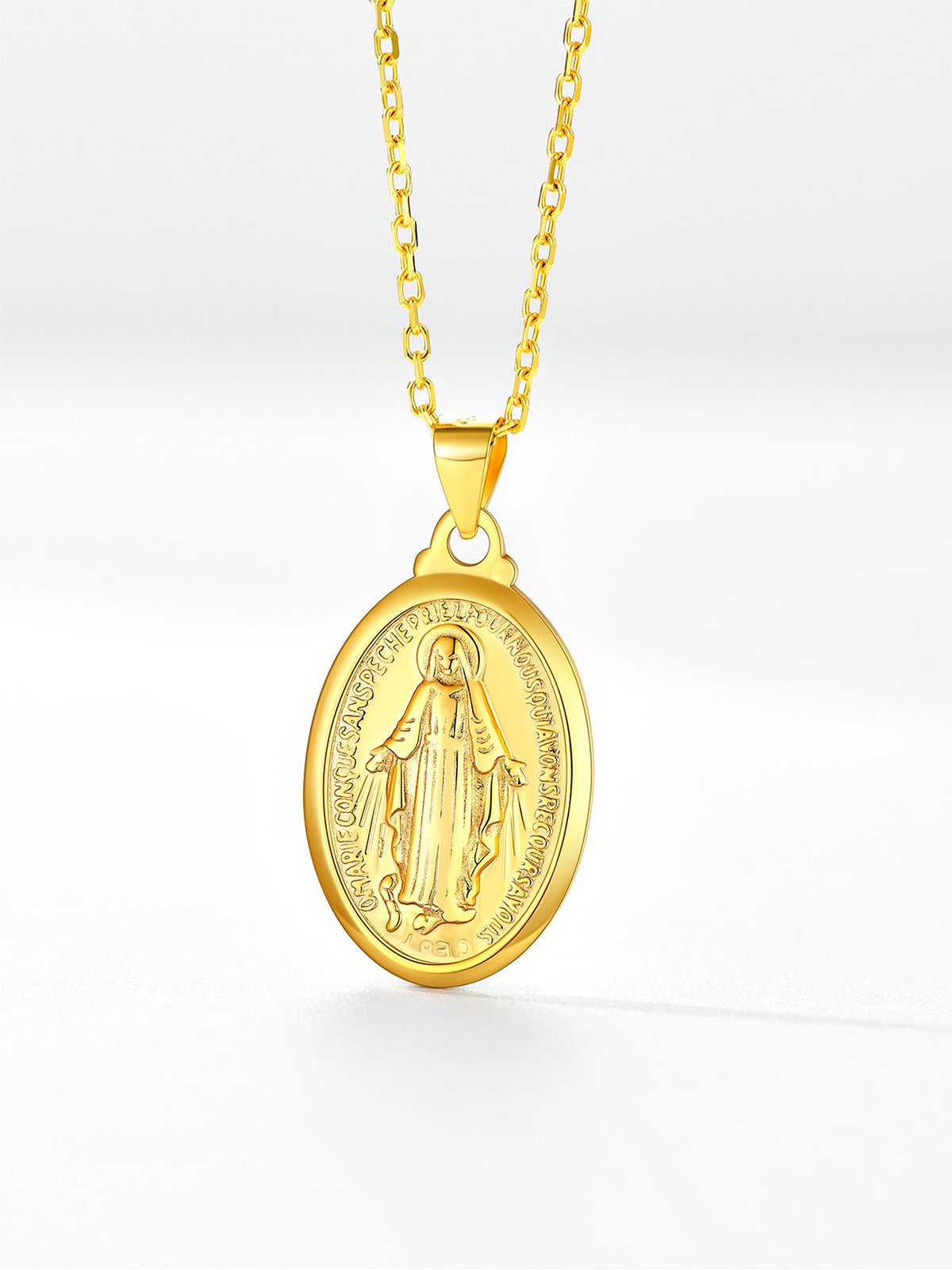 Oval Miraculous Medal Necklace Virgin Mary Pendant in 18K Gold