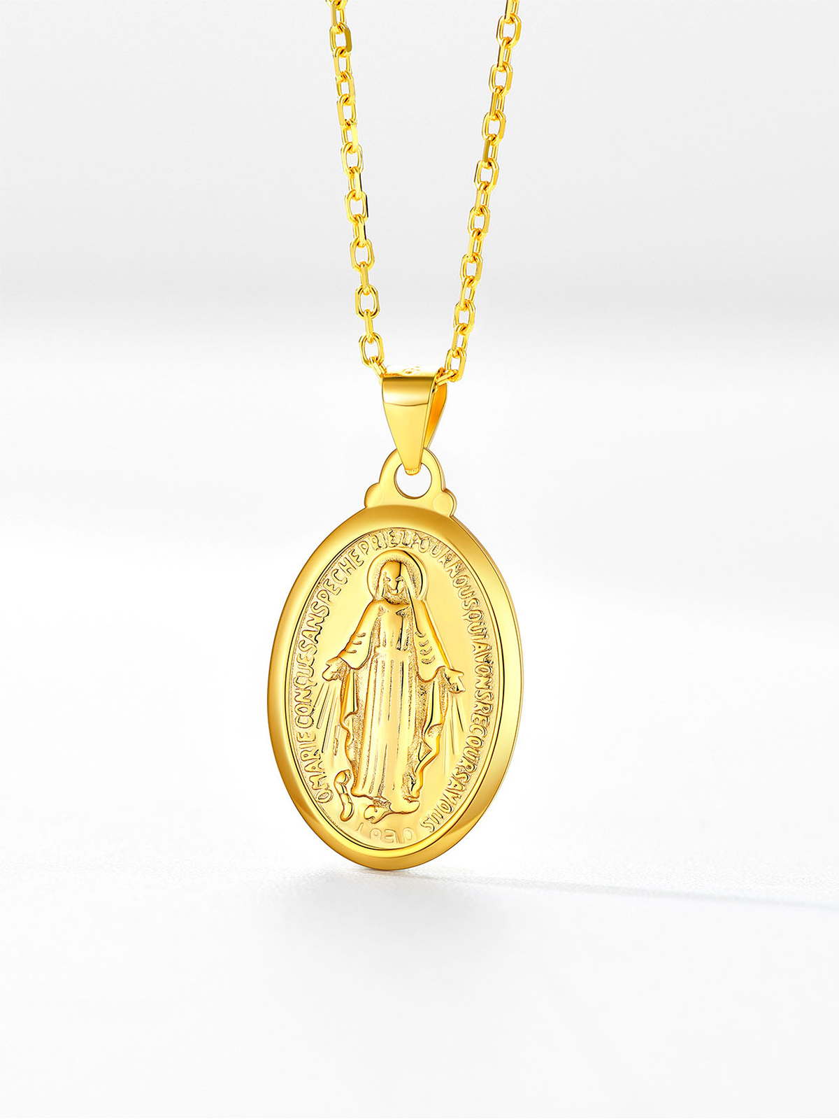 Oval Miraculous Medal Necklace Virgin Mary Pendant in 18K Gold