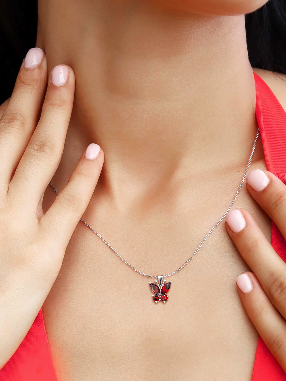 Synthetic Garnet Butterfly Pendant Animal Necklace