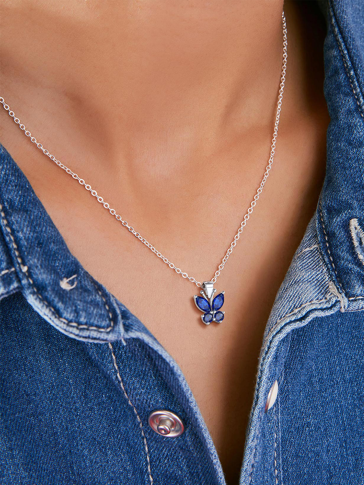 Synthetic Sapphire Butterfly Pendant Animal Necklace
