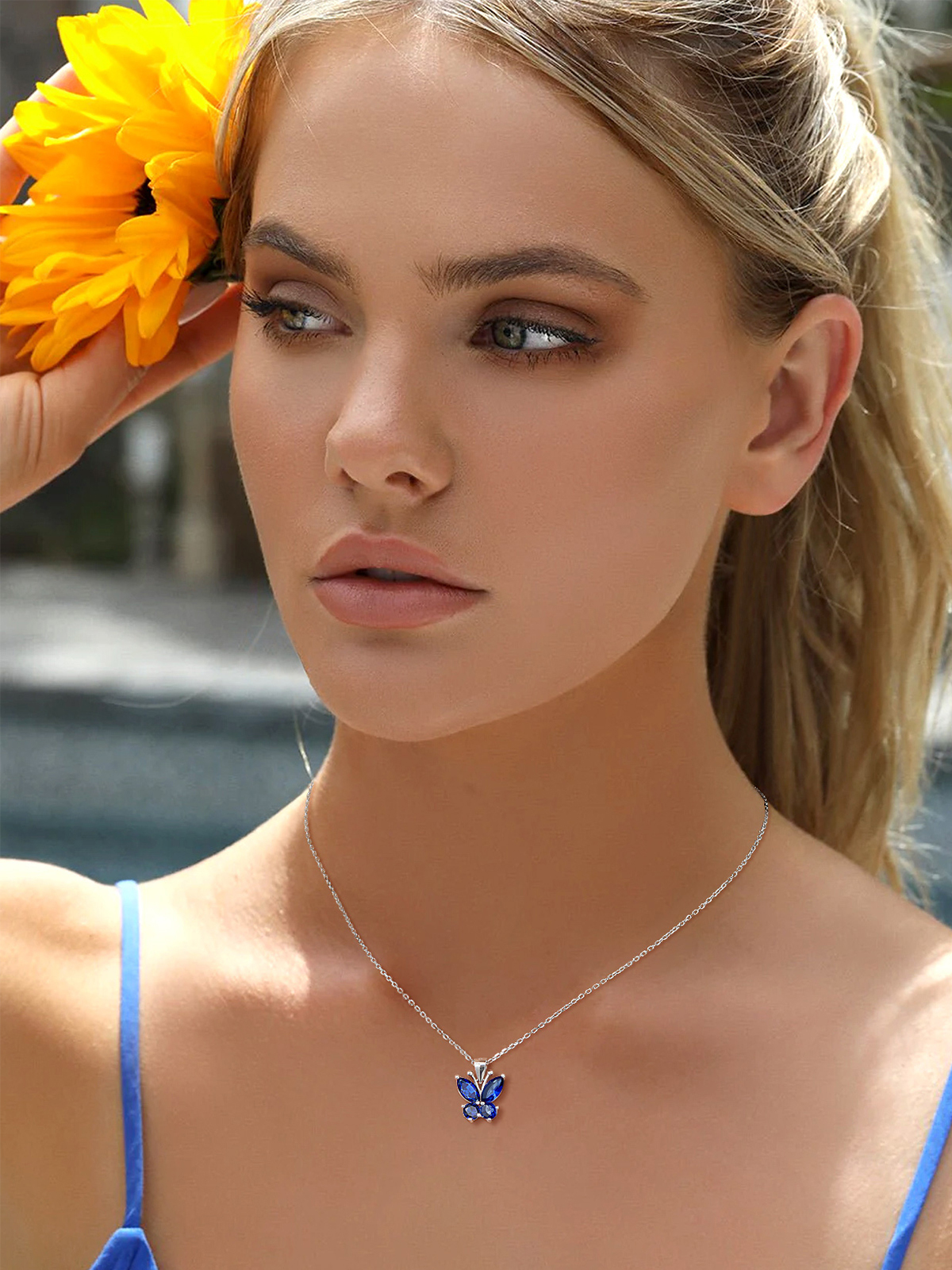 Synthetic Sapphire Butterfly Pendant Animal Necklace