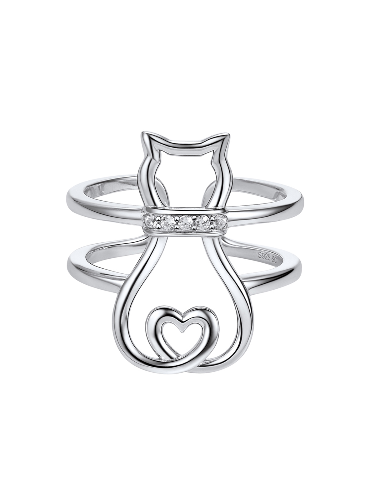 Adjustable Cute Cat Ring with CZ in Silver