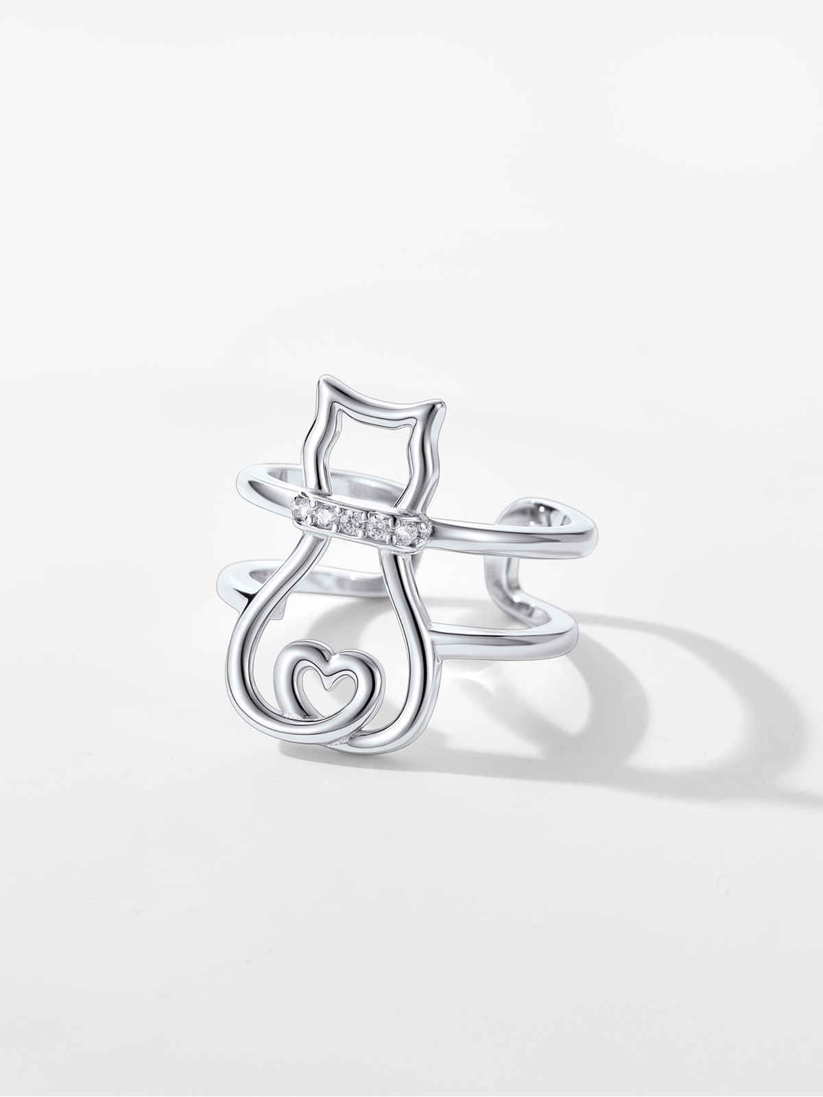 Adjustable Cute Cat Ring with CZ in Silver