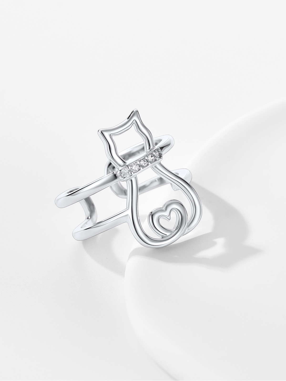 Adjustable Cute Cat Ring with CZ in Silver