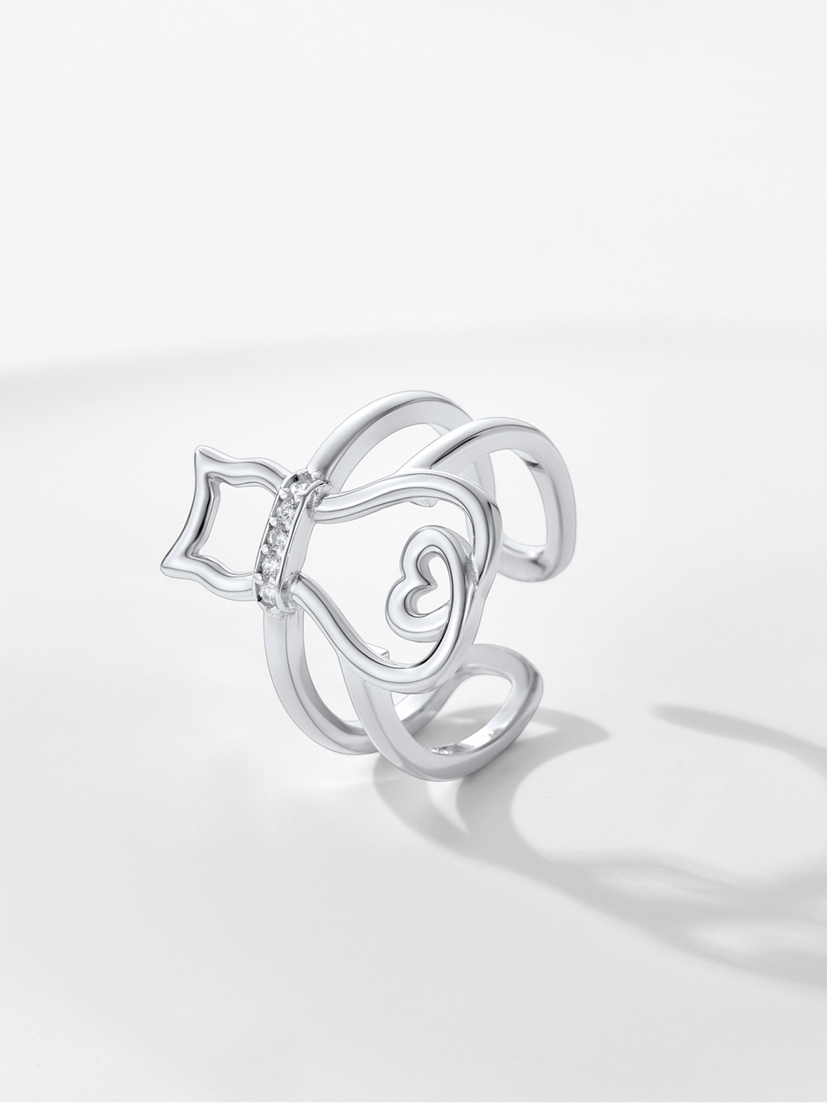 Adjustable Cute Cat Ring with CZ in Silver