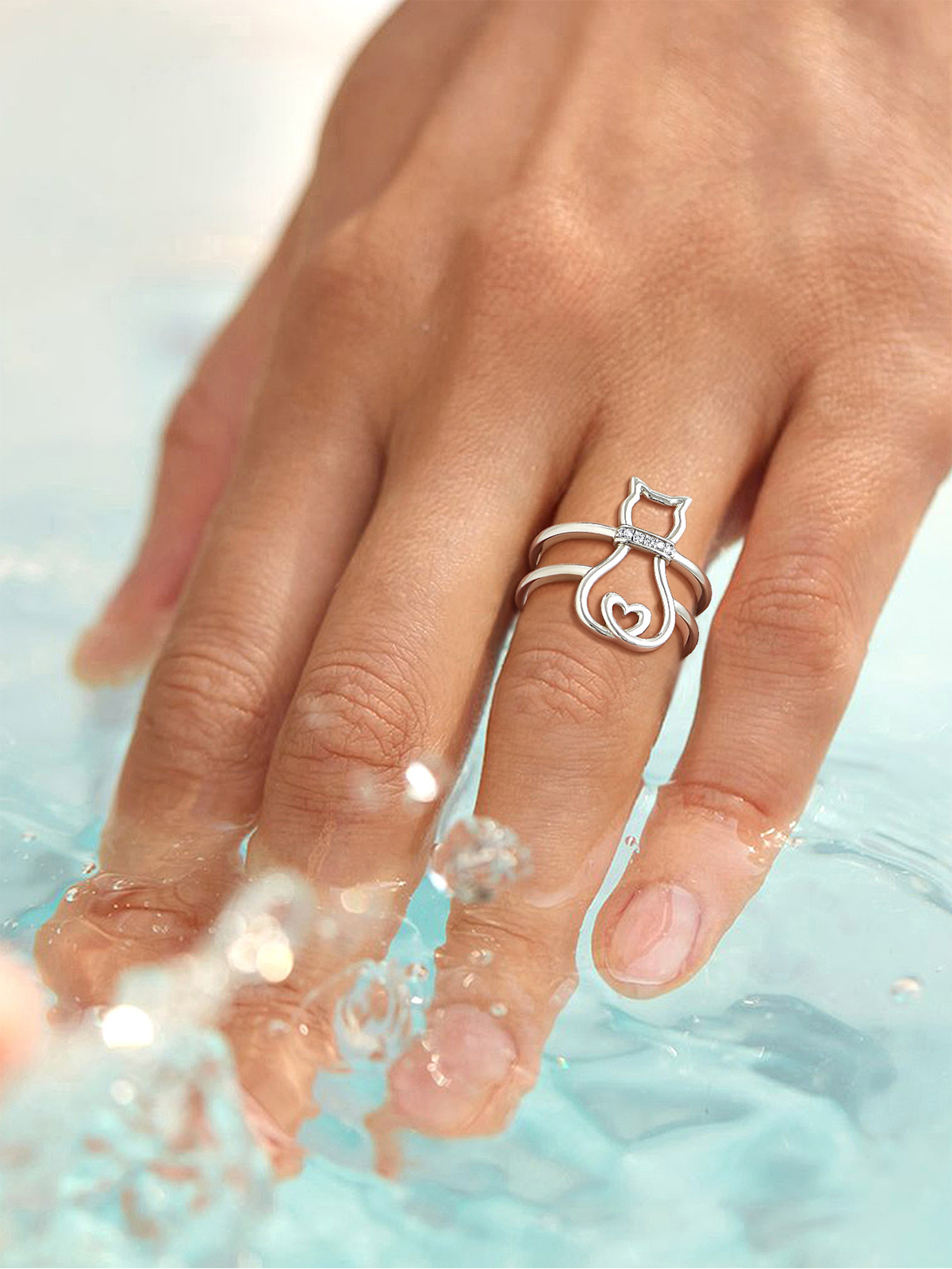 Adjustable Cute Cat Ring with CZ in Silver